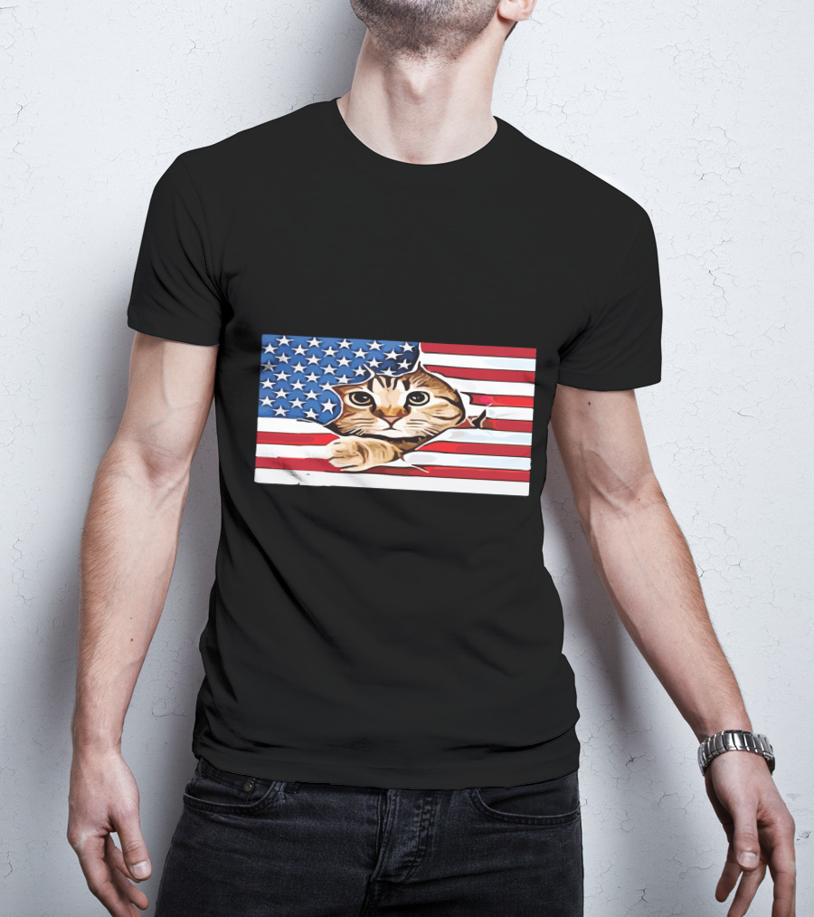 Cat Peeking Through American Flag T-Shirt