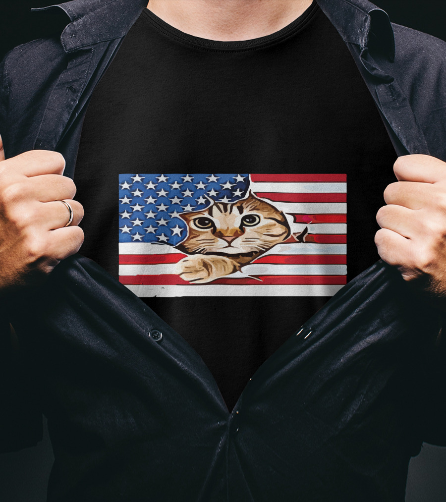 Cat Peeking Through American Flag T-Shirt