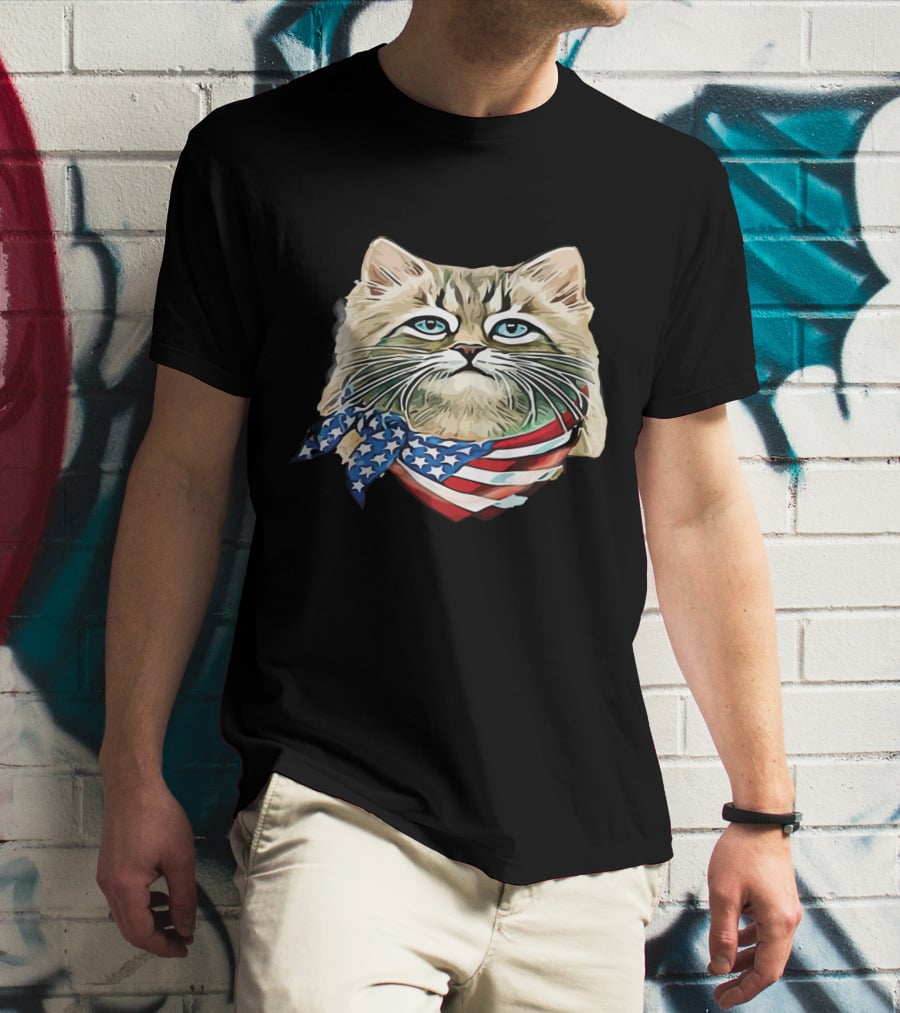Fluffy Cat Wearing Stars And Stripes Flag Bandana T-Shirt