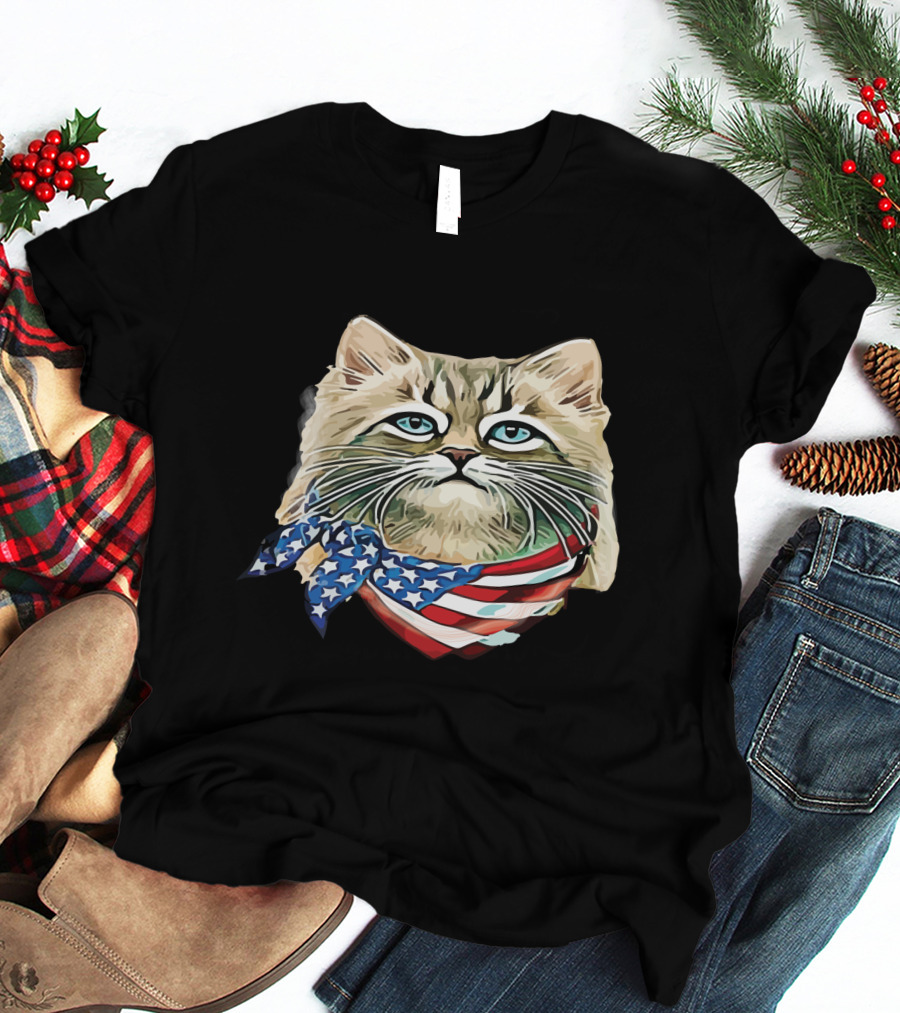 Fluffy Cat Wearing Stars And Stripes Flag Bandana T-Shirt