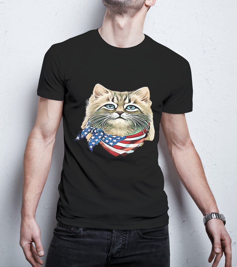 Fluffy Cat Wearing Stars And Stripes Flag Bandana T-Shirt