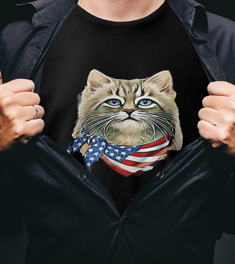 Fluffy Cat Wearing Stars And Stripes Flag Bandana T-Shirt