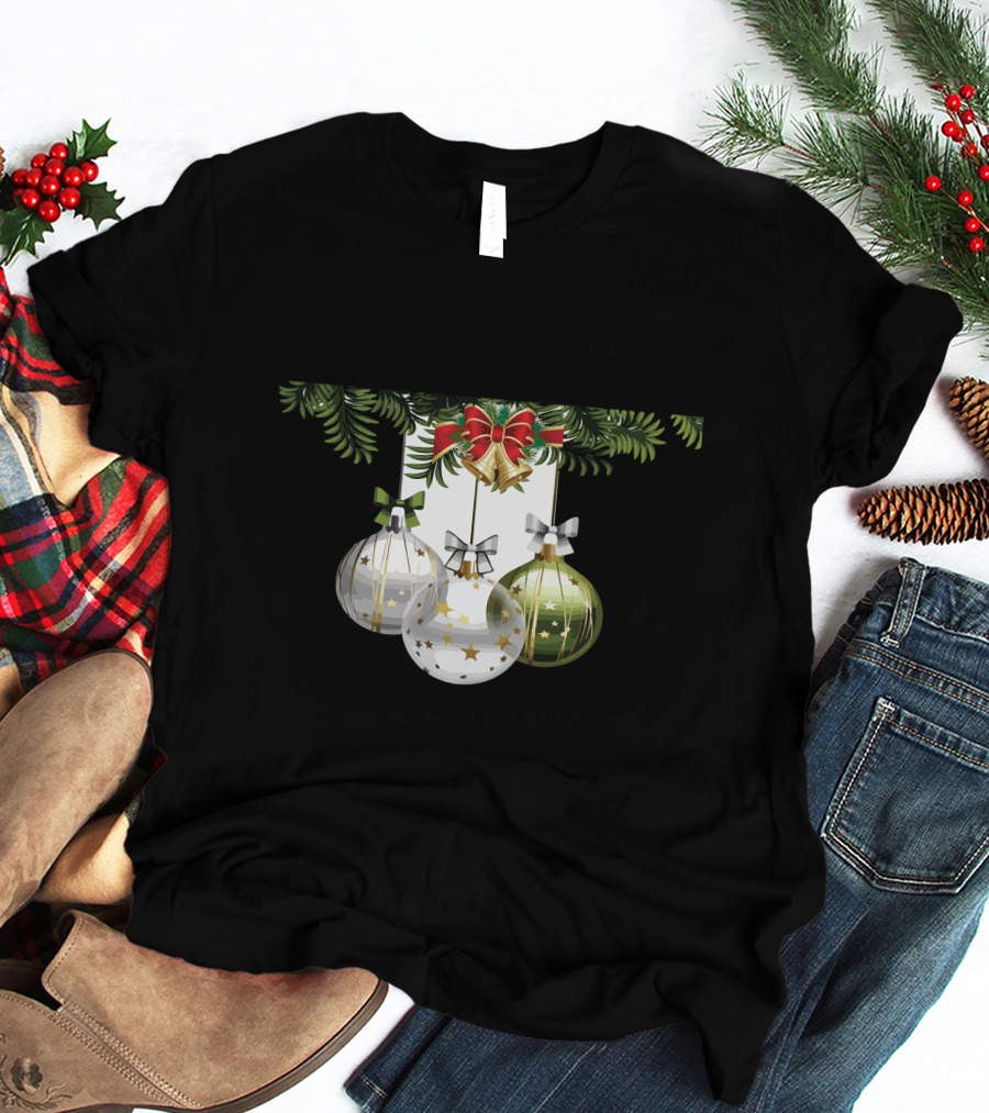 Holiday Christmas Balls Evergreen Branches Ribbons T-Shirt