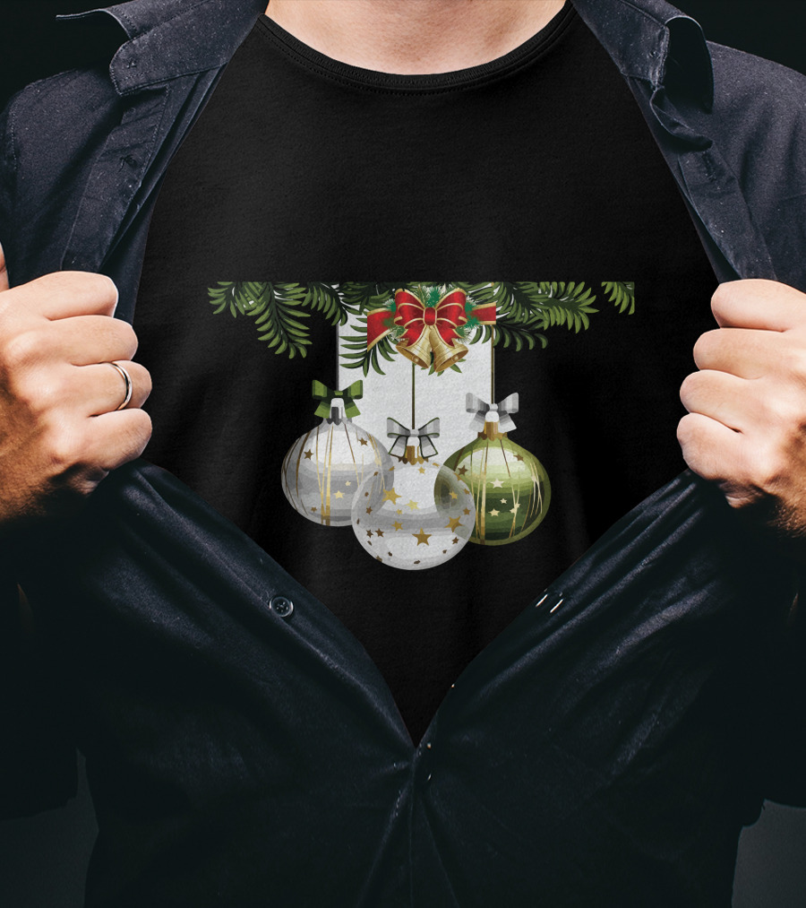 Holiday Christmas Balls Evergreen Branches Ribbons T-Shirt