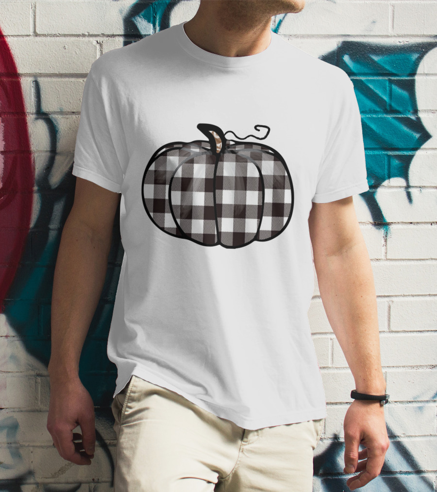 Buffalo Plaid Checkered Pumpkin White T-Shirt