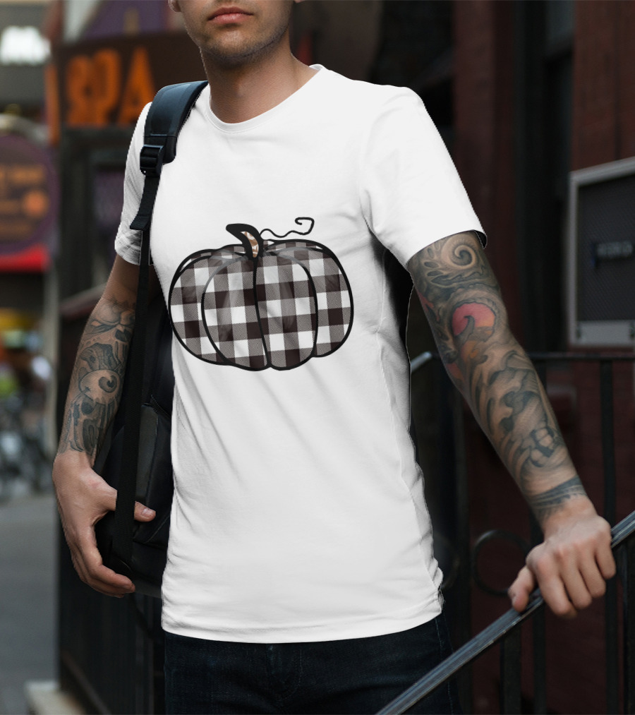 Buffalo Plaid Checkered Pumpkin White T-Shirt