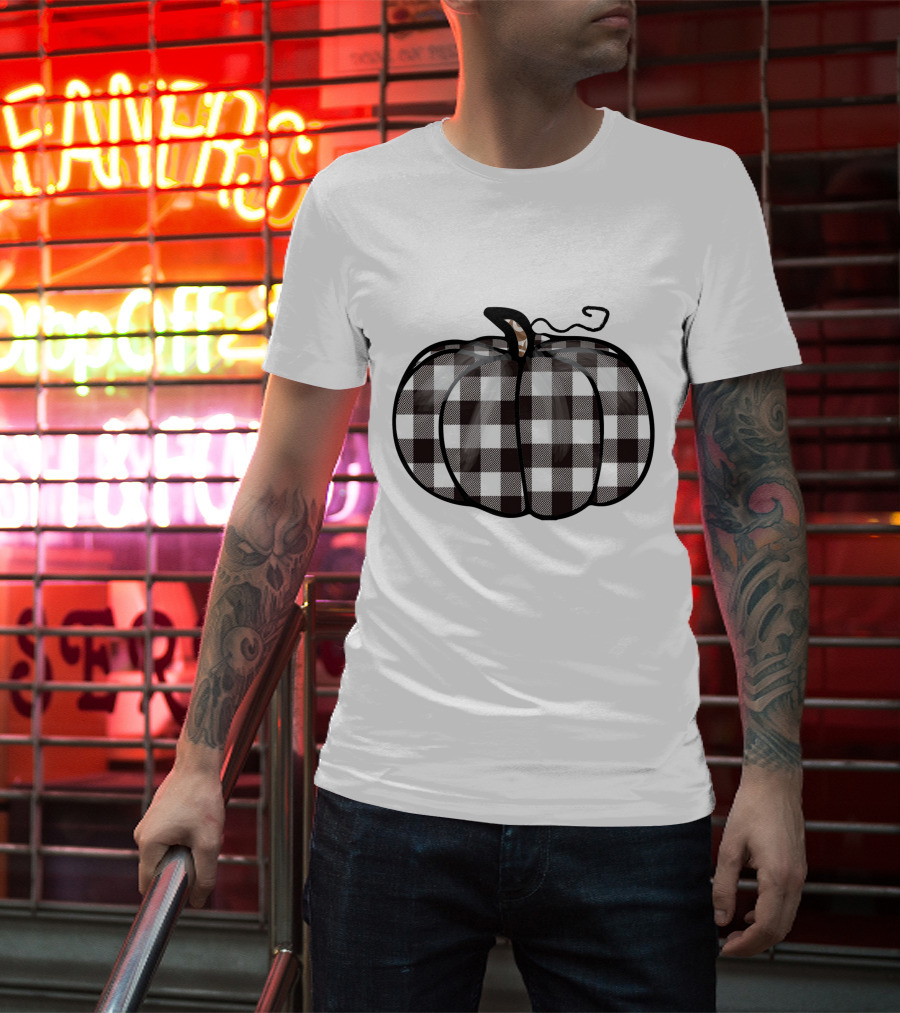 Buffalo Plaid Checkered Pumpkin White T-Shirt