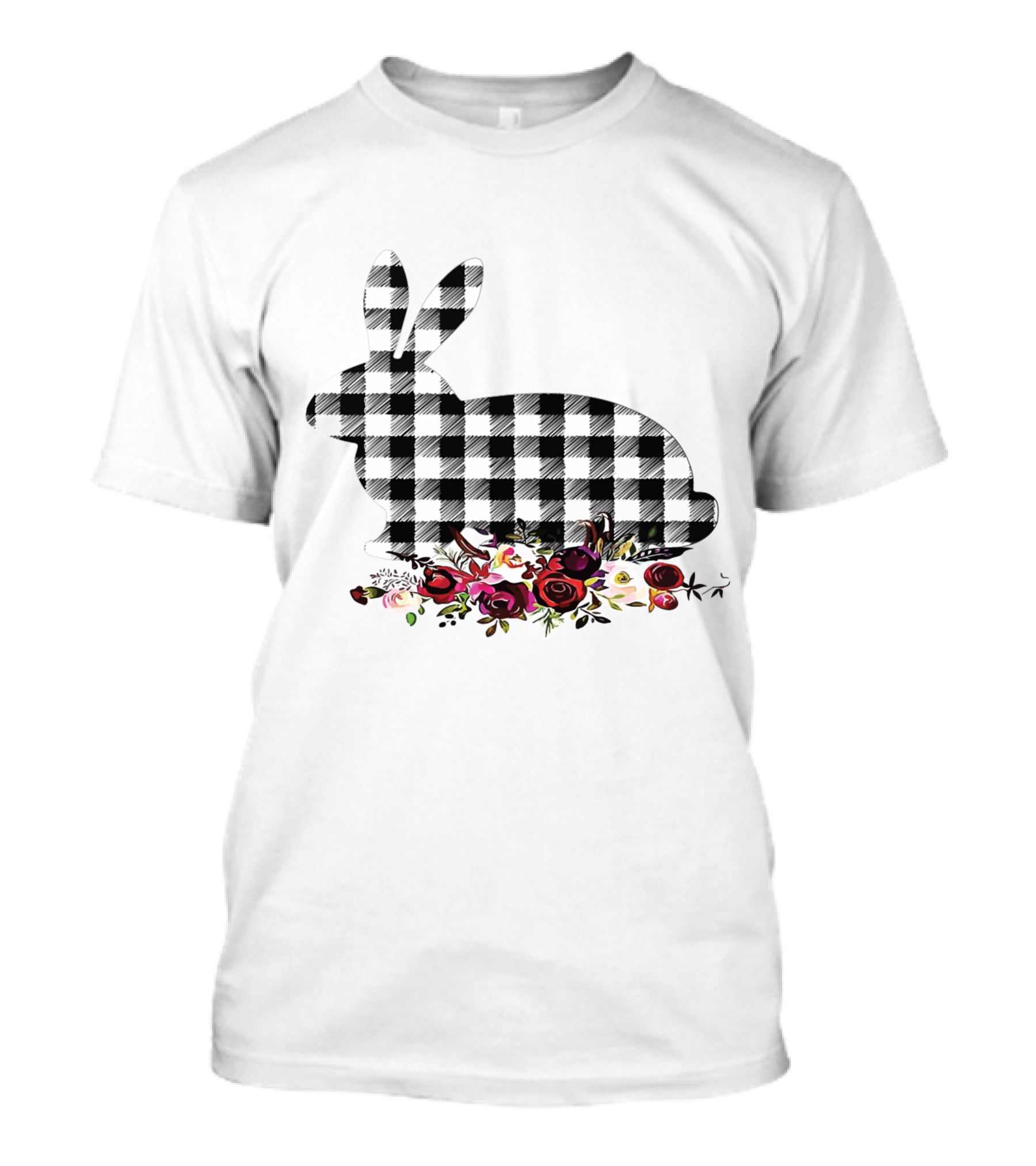 Bunny Black White Plaid Floral Roses T-Shirt