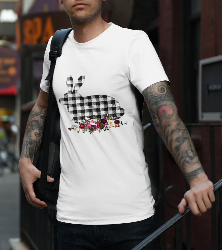Bunny Black White Plaid Floral Roses T-Shirt