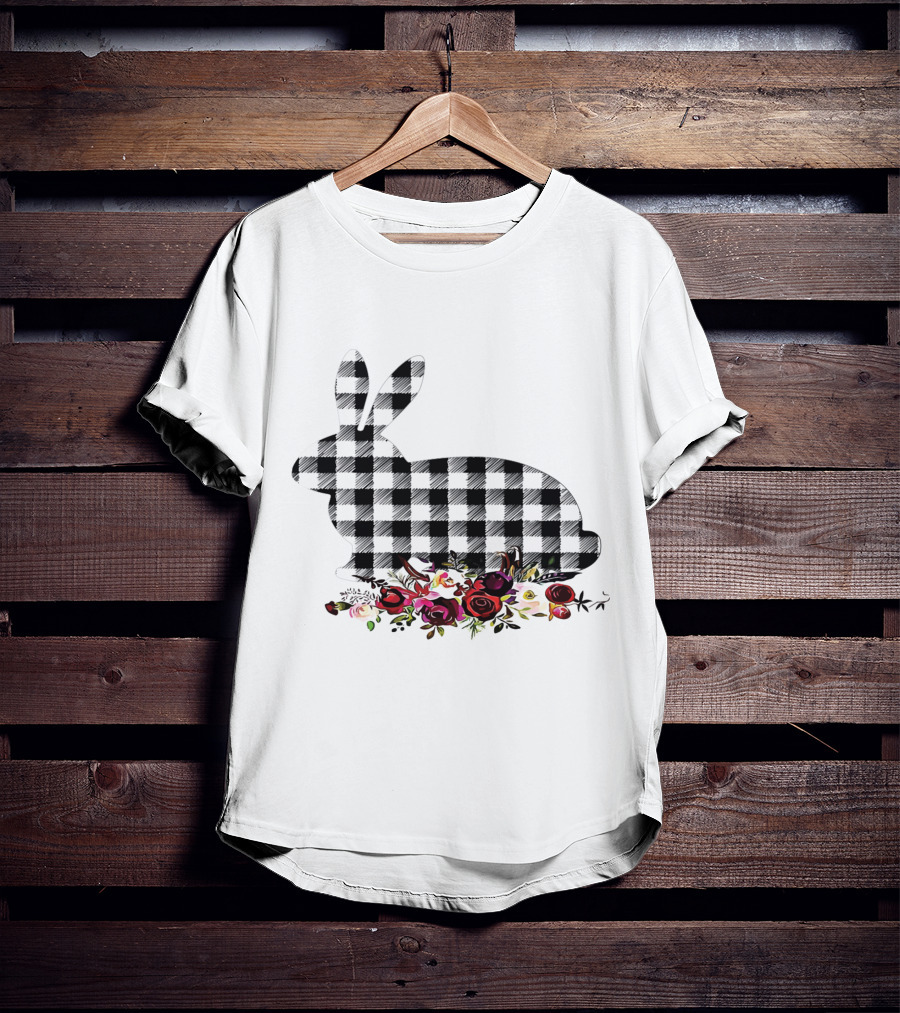 Bunny Black White Plaid Floral Roses T-Shirt