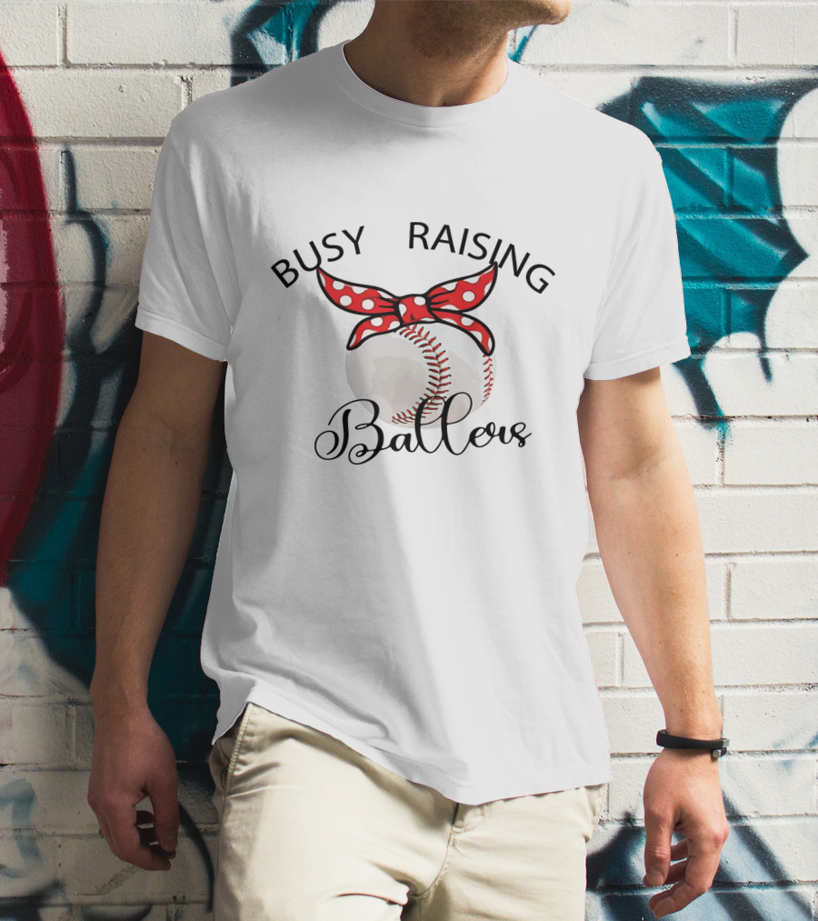 Busy Raising Ballers Baseball Red Bow T-Shirt