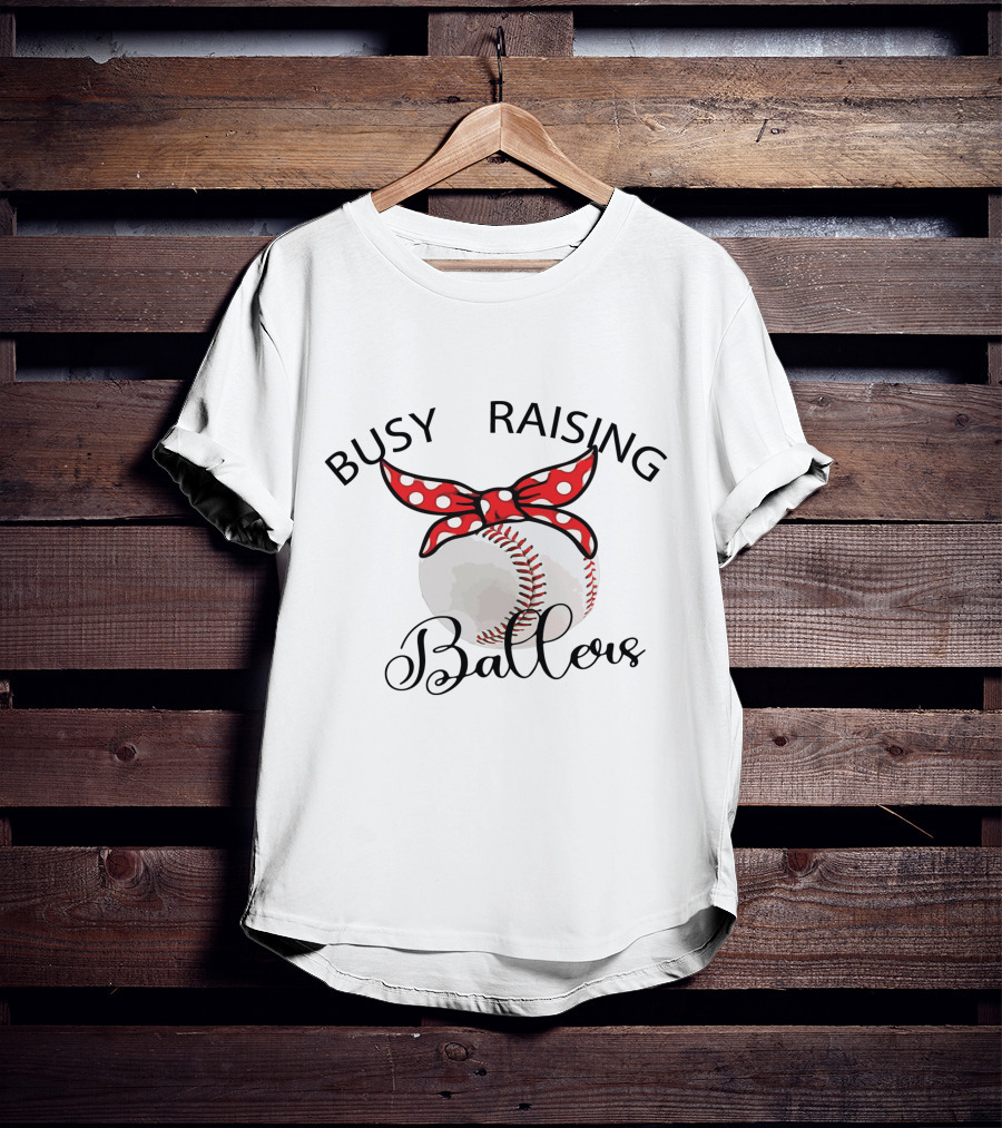 Busy Raising Ballers Baseball Red Bow T-Shirt