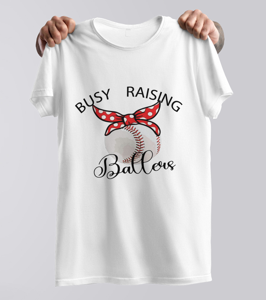 Busy Raising Ballers Baseball Red Bow T-Shirt