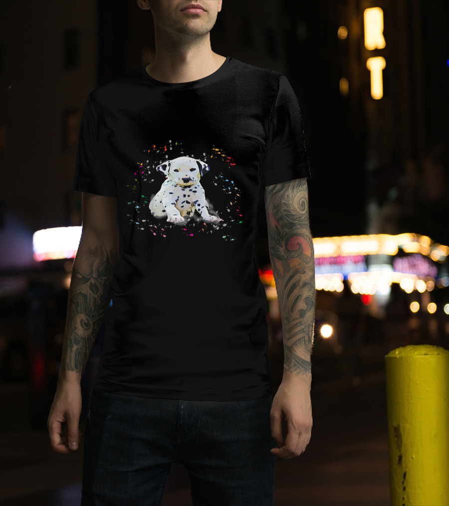 Dalmatian Puppy Surrounded By Splashes Of Colorful Snow T-Shirt