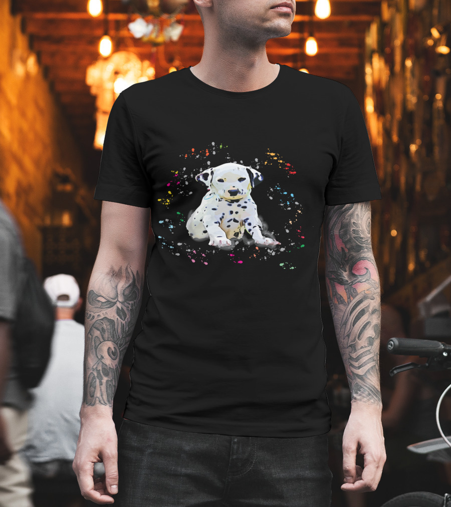 Dalmatian Puppy Surrounded By Splashes Of Colorful Snow T-Shirt