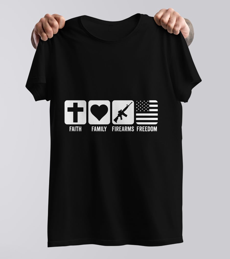 Faith Family Firearms And Freedom Cross Heart Rifle American Flag T-Shirt