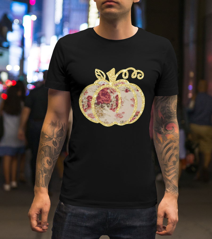 Glitter Floral Pumpkin Gold Trim T-Shirt