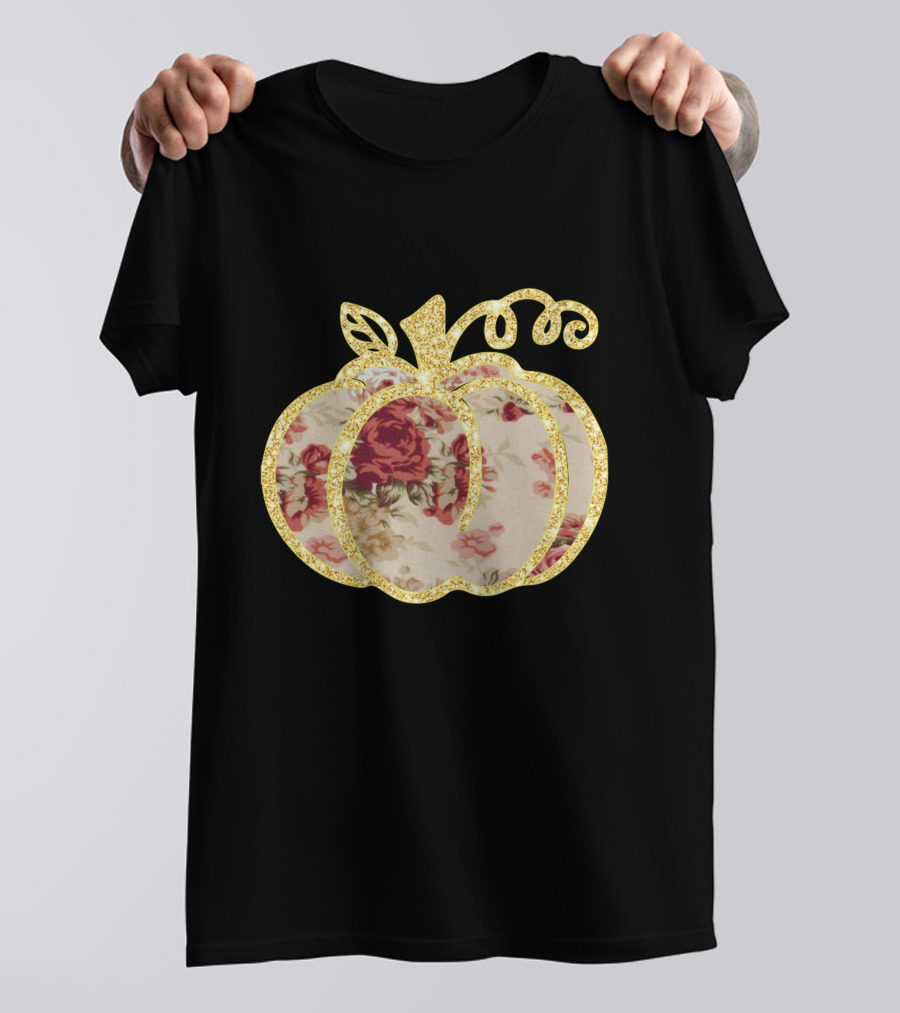 Glitter Floral Pumpkin Gold Trim T-Shirt