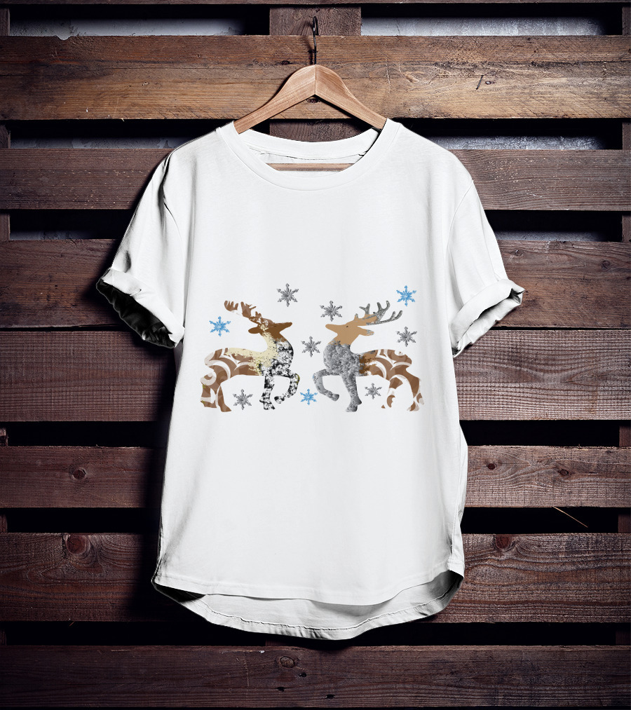 Christmas Reindeer Stone Snowflakes Brown And Silver T-Shirt