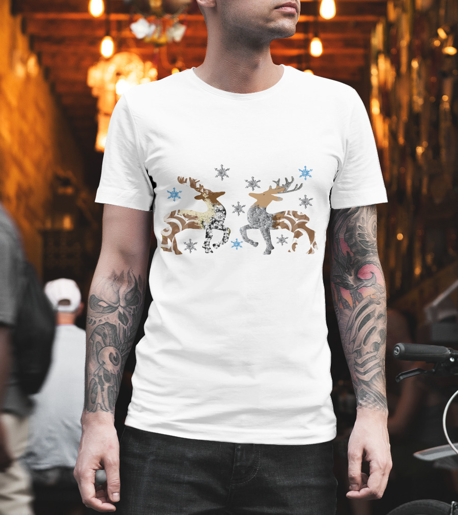 Christmas Reindeer Stone Snowflakes Brown And Silver T-Shirt