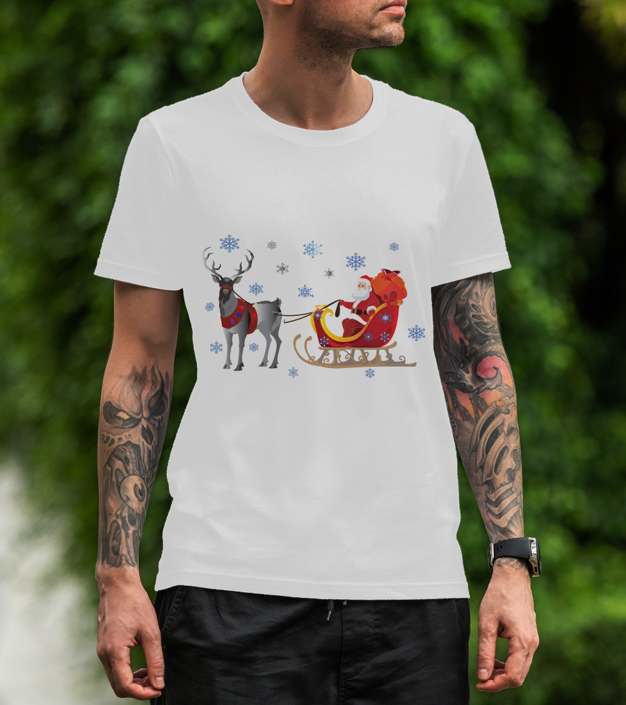 Christmas Santa With Reindeer And Sleigh Surrounded By Snowflakes T-Shirt
