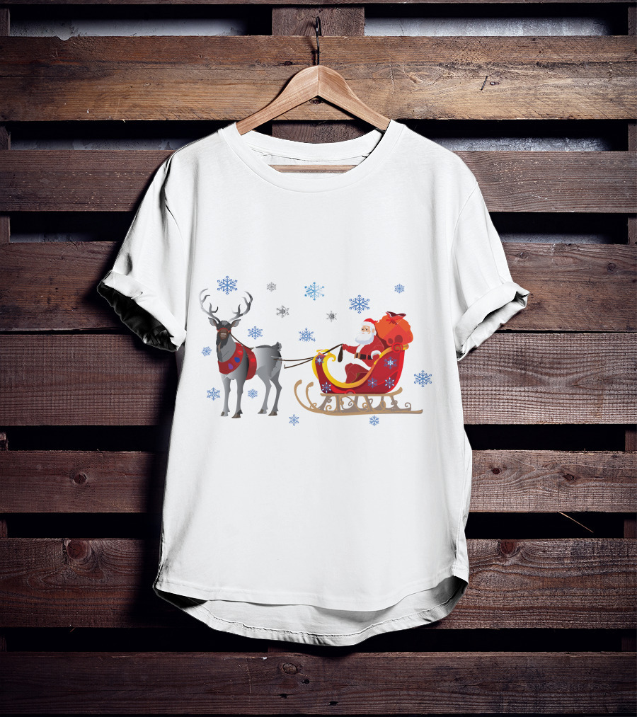 Christmas Santa With Reindeer And Sleigh Surrounded By Snowflakes T-Shirt