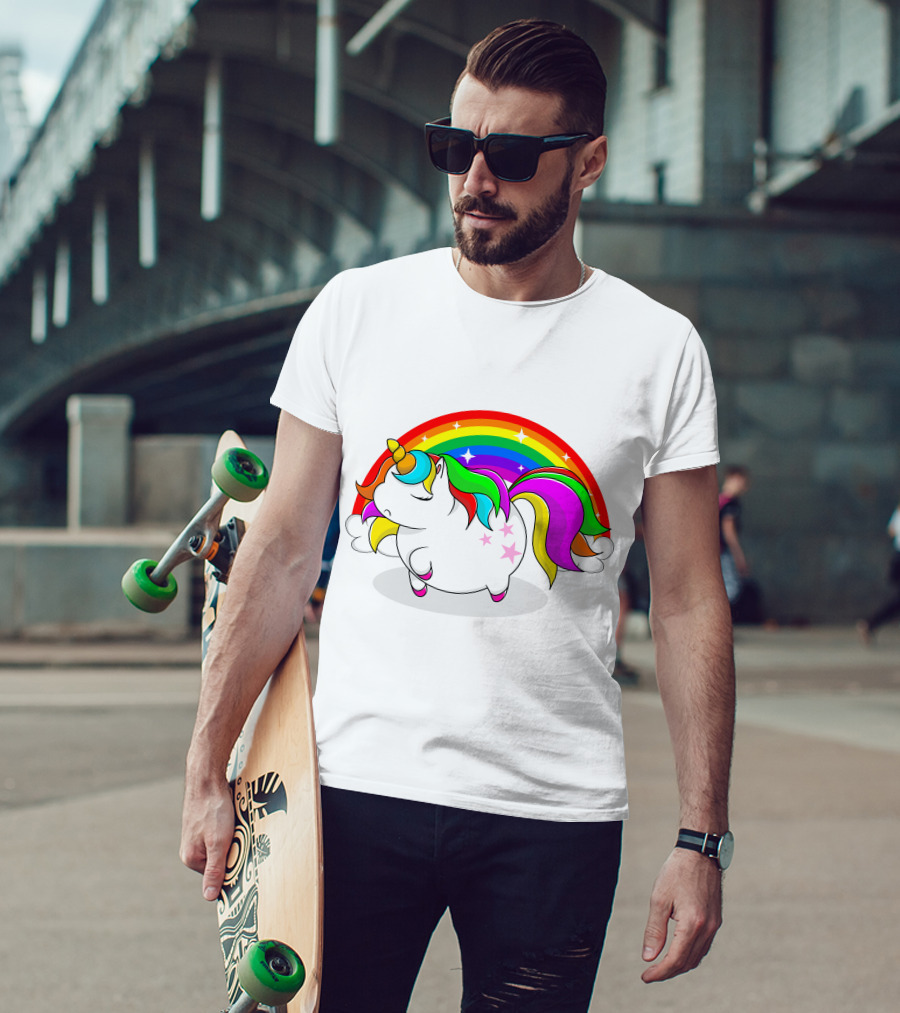 Cute Fat Unicorn With Rainbow Mane And Stars T-Shirt