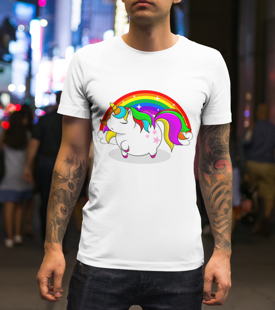 Cute Fat Unicorn With Rainbow Mane And Stars T-Shirt