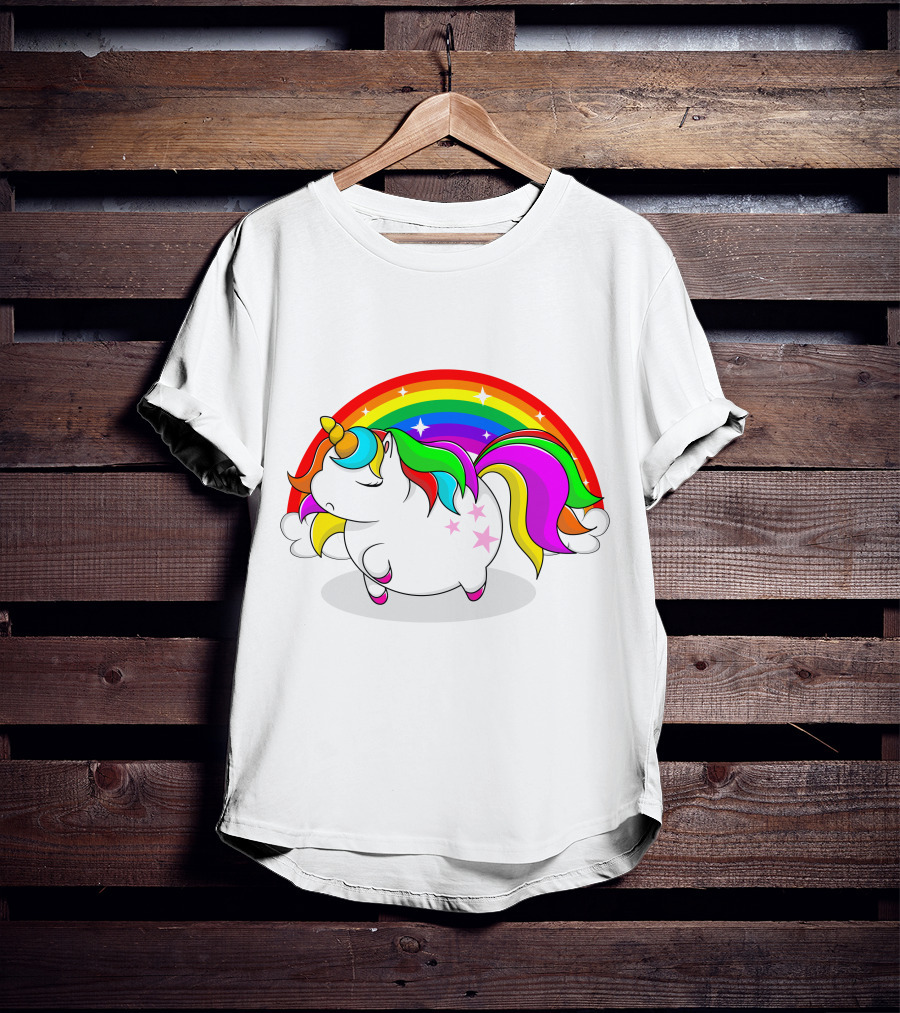 Cute Fat Unicorn With Rainbow Mane And Stars T-Shirt