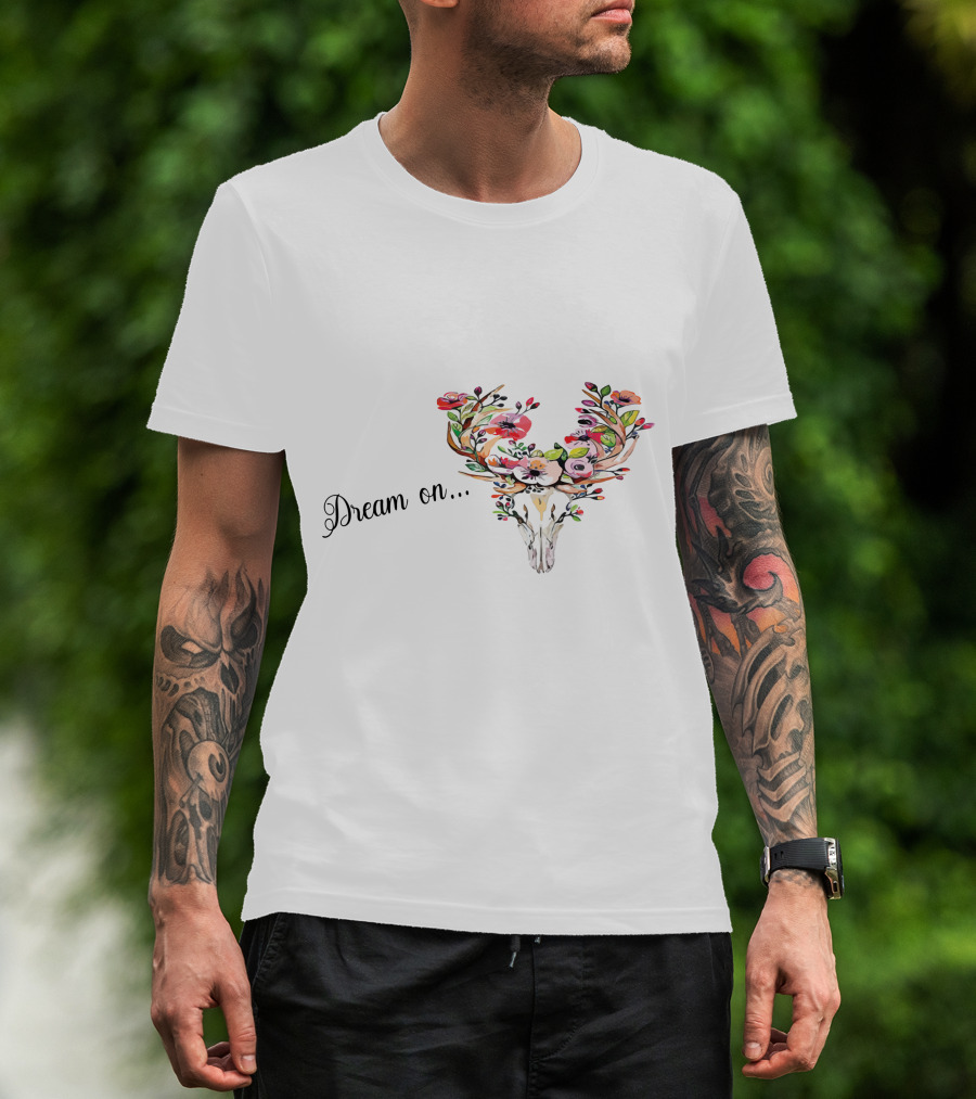 Dream On Deer Skull With Floral Antlers T-Shirt