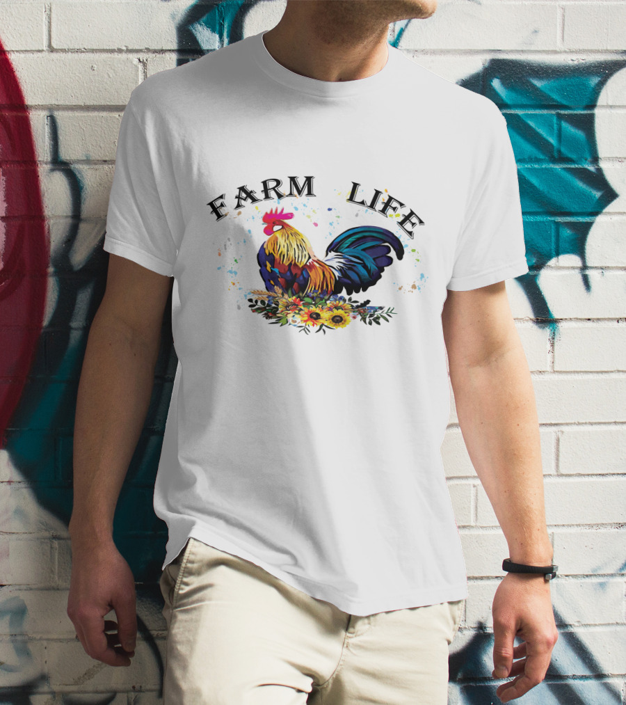 Farm Life Colorful Rooster Floral T-Shirt