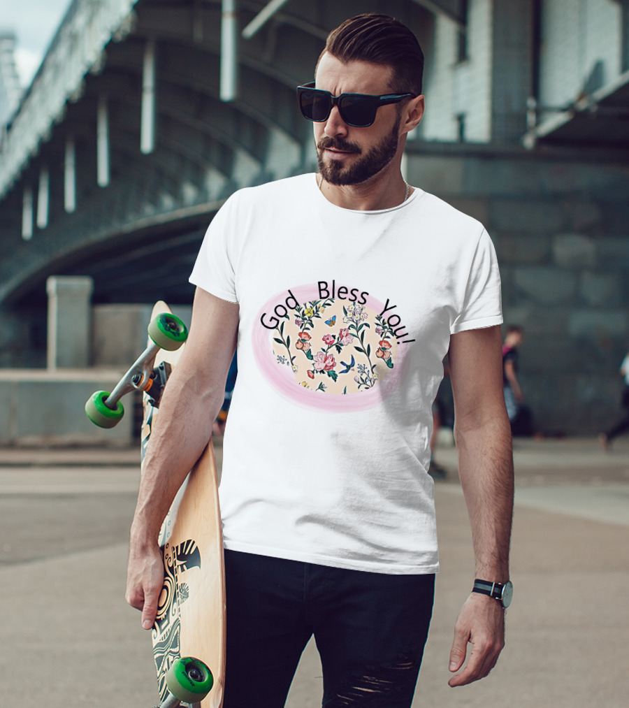 God Bless You Floral Pattern With Butterfly And Bird Motif T-Shirt