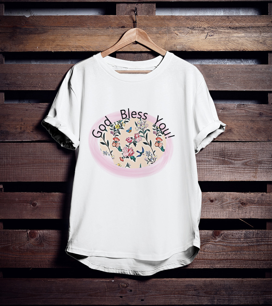 God Bless You Floral Pattern With Butterfly And Bird Motif T-Shirt