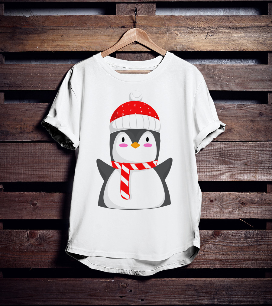 Pinguine Wearing Red Hat And Scarf Resembling A Snowman T-Shirt