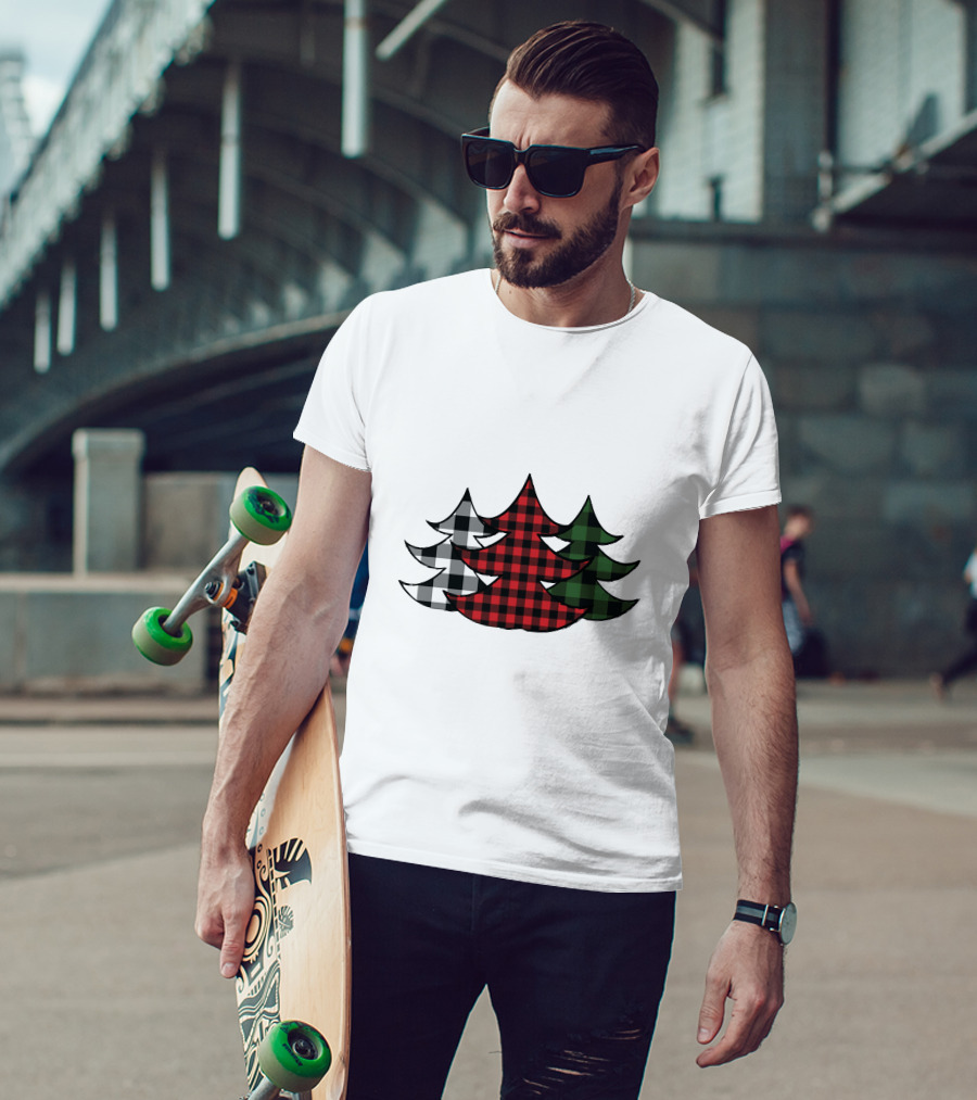 Plaid Christmas Tree Red Green Black White Xmas T-Shirt