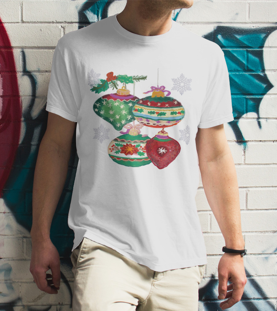 Watercolor Christmas Balls Snowflake Ornaments With Holly And Ribbon Accents T-Shirt