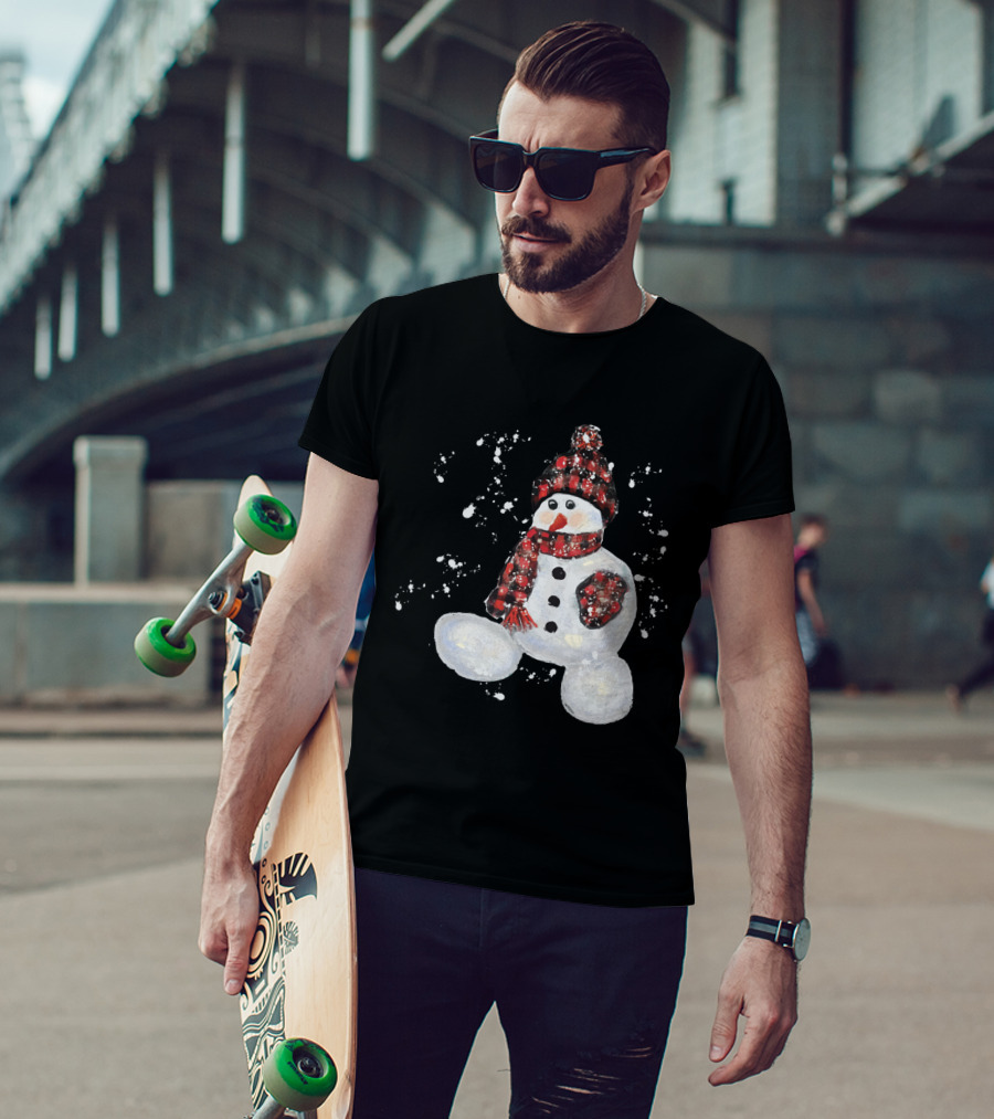 Watercolor Snowman Buffalo Plaid Hat And Scarf With Snowflakes T-Shirt