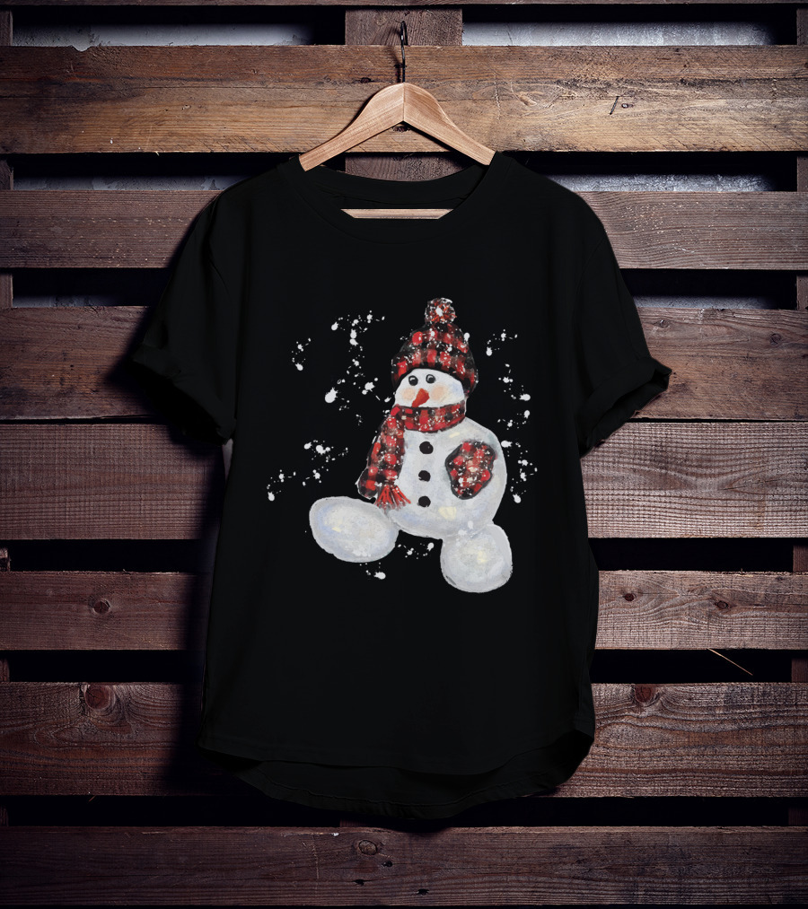 Watercolor Snowman Buffalo Plaid Hat And Scarf With Snowflakes T-Shirt