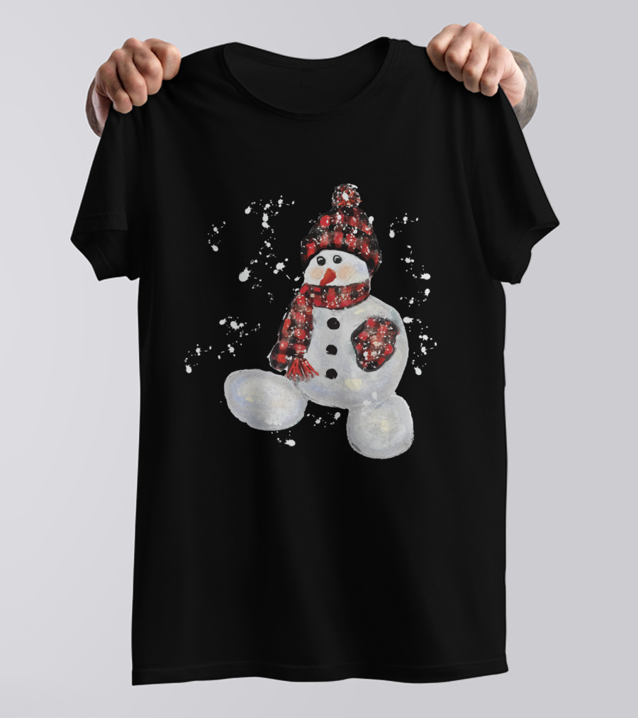 Watercolor Snowman Buffalo Plaid Hat And Scarf With Snowflakes T-Shirt