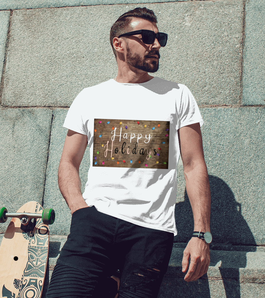 Happy Holidays Christmas Light Rustic Wood Background With Colorful Bulbs T-Shirt