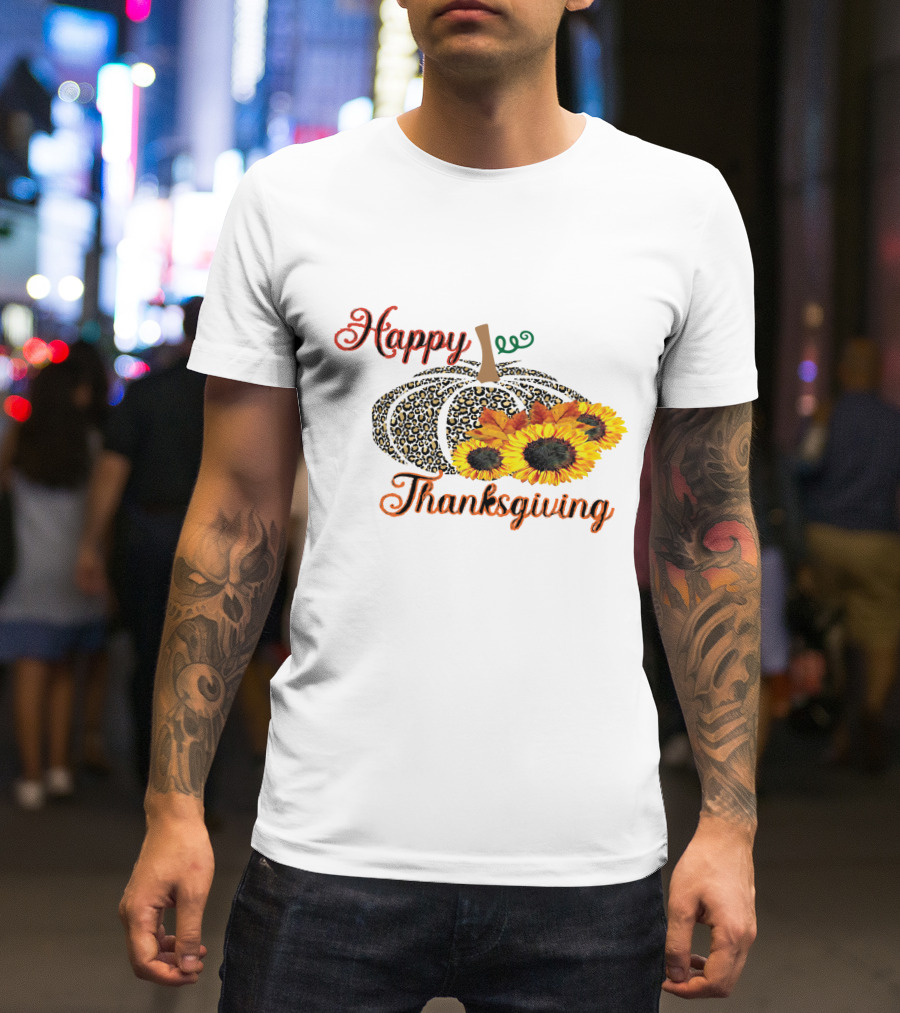 Happy Thanksgiving Leopard Print Pumpkin Sunflowers T-Shirt