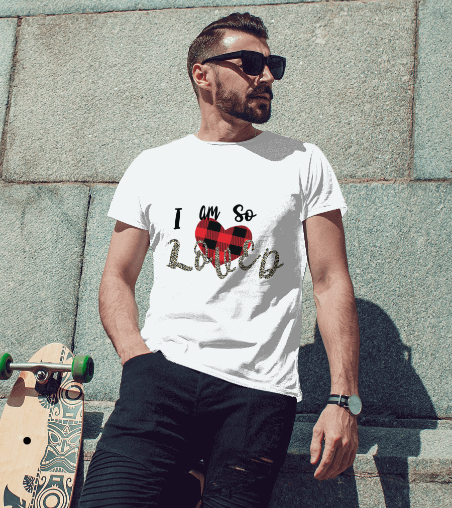 I Am So Loved Valentines Day Buffalo Plaid Heart Leopard Print T-Shirt