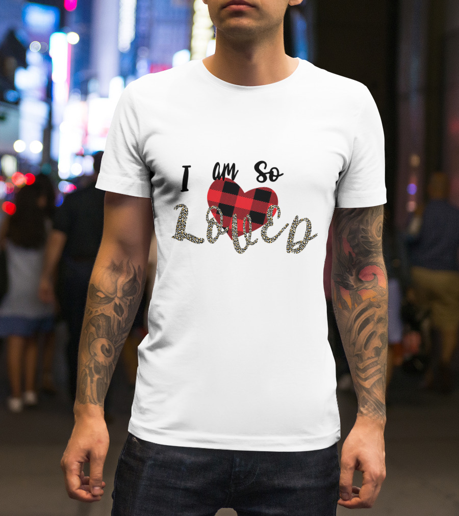 I Am So Loved Valentines Day Buffalo Plaid Heart Leopard Print T-Shirt