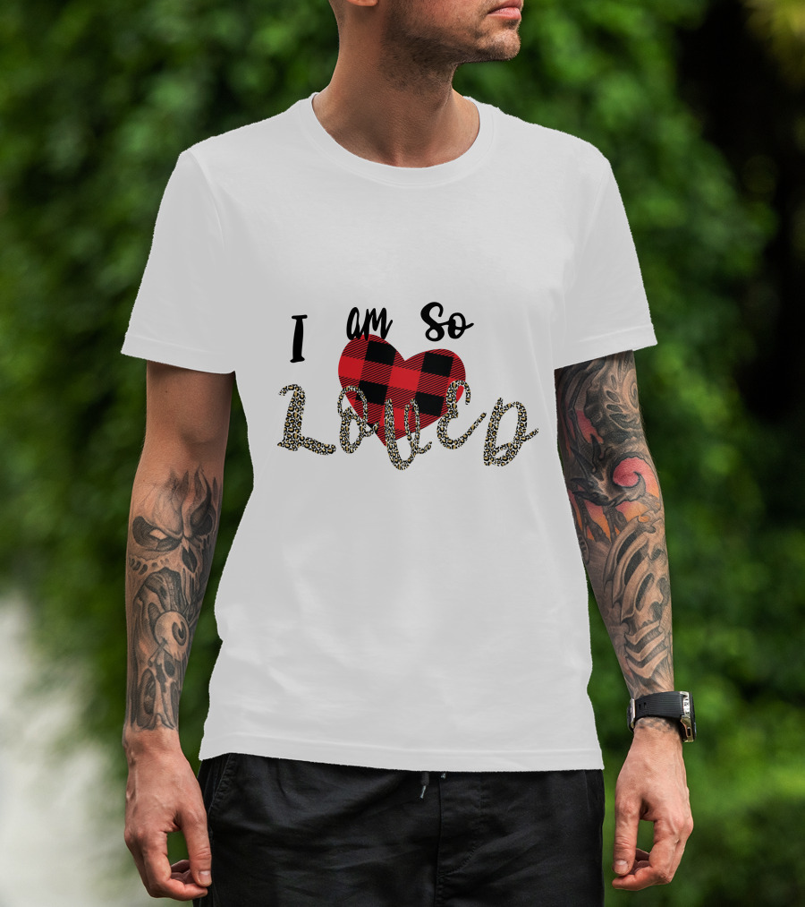 I Am So Loved Valentines Day Buffalo Plaid Heart Leopard Print T-Shirt