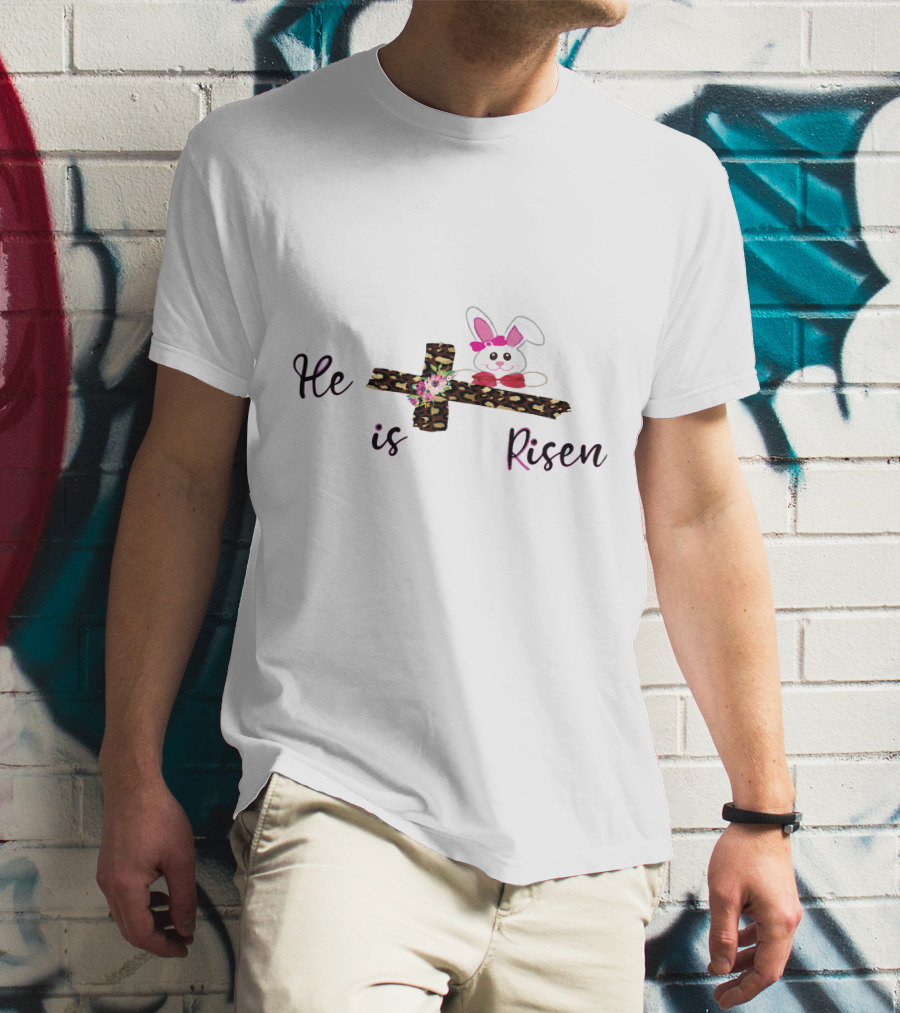 He Is Risen Leopard Print Cross Easter Bunny T-Shirt