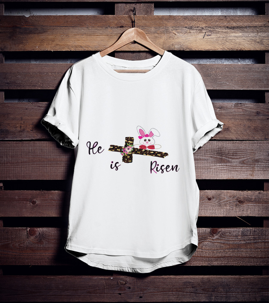 He Is Risen Leopard Print Cross Easter Bunny T-Shirt