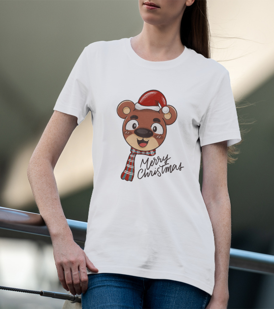 Merry Christmas Bear Wearing Santa Hat And Scarf T-Shirt