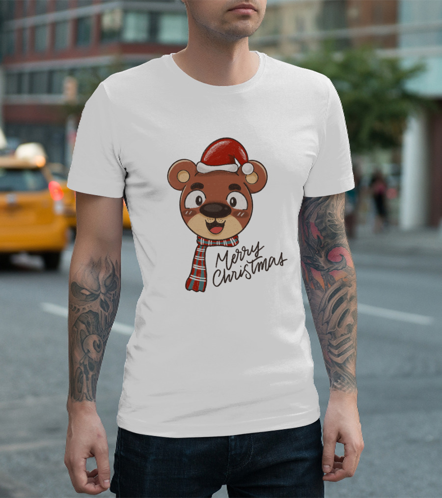 Merry Christmas Bear Wearing Santa Hat And Scarf T-Shirt