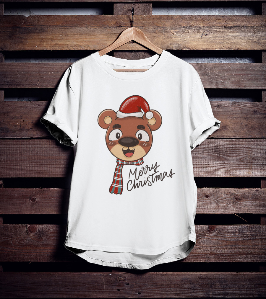 Merry Christmas Bear Wearing Santa Hat And Scarf T-Shirt