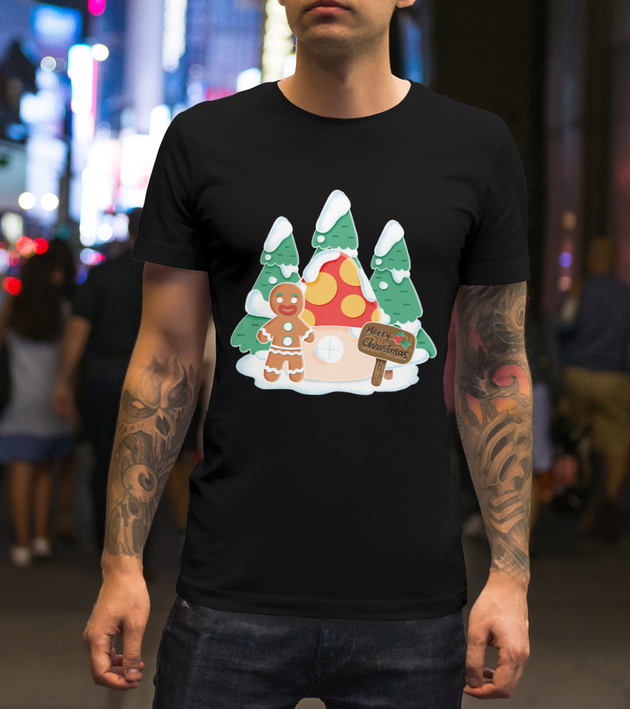 Merry Christmas Gingerman House With Snowy Trees And Mushroom Roof T-Shirt